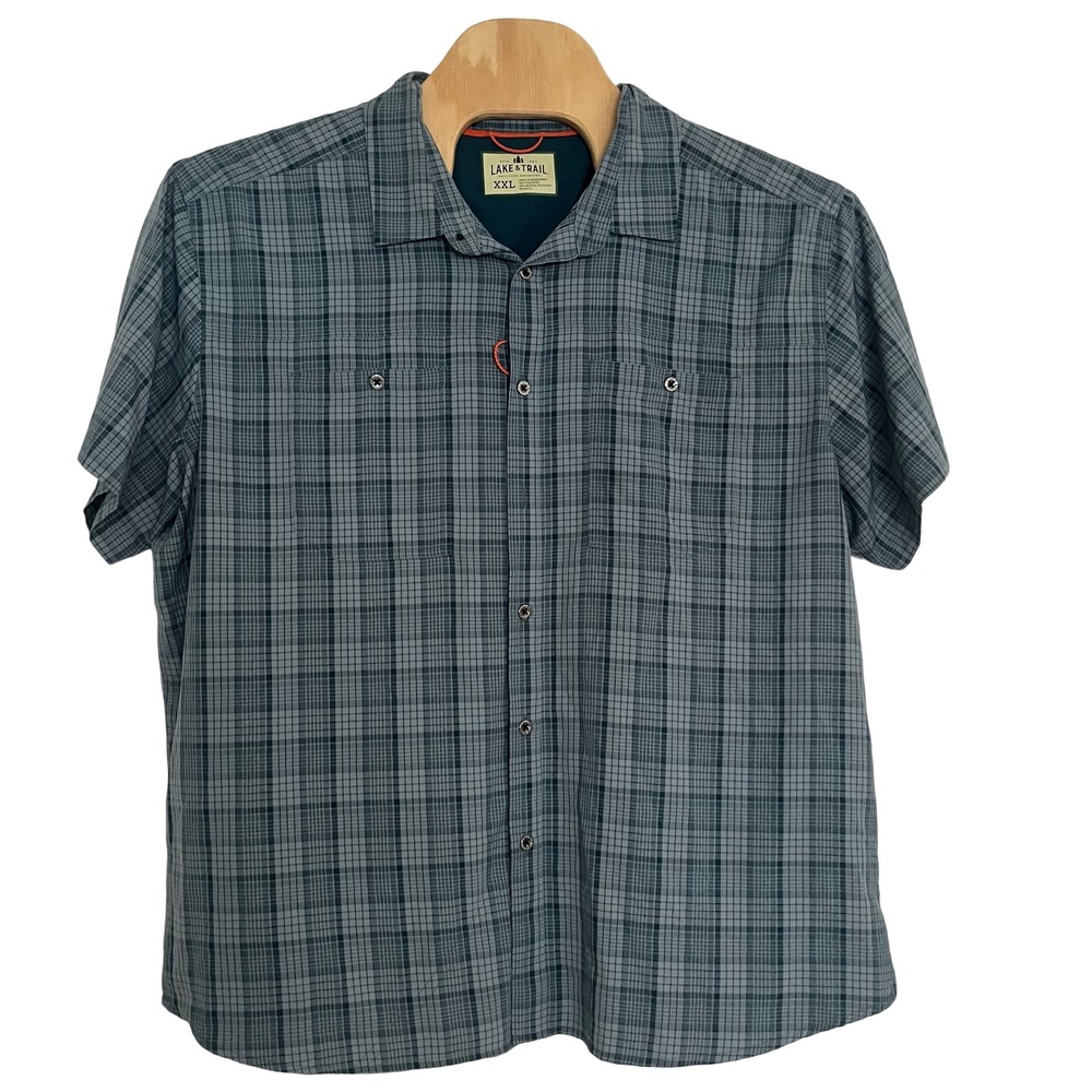Lake & Trail Button Down Mens XXL Teal Plaid Short Sleeve Hiking Shirt Outdoors